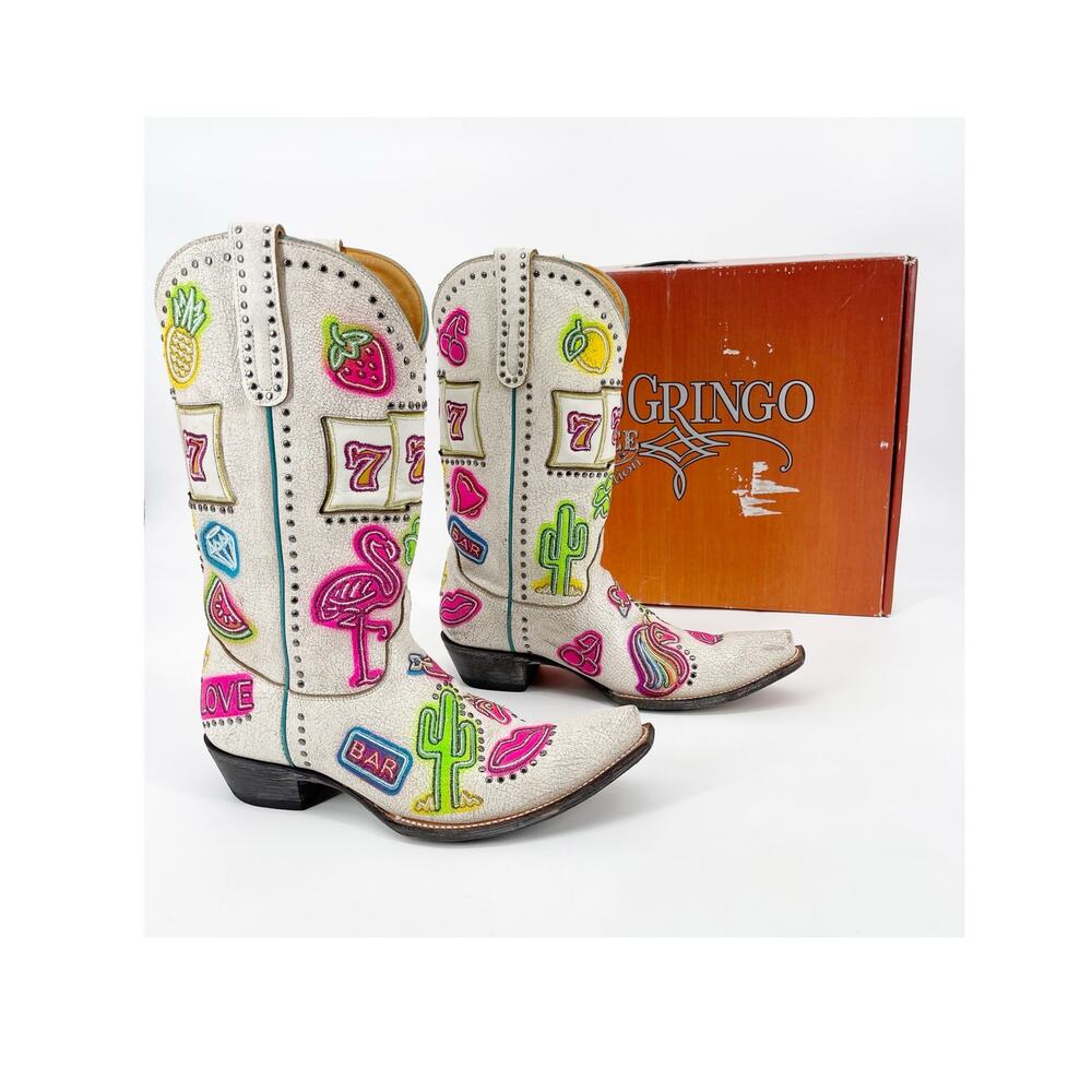 Old Gringo Jackpot Women’s 11 Distressed White Neon Embroidered Cowgirl Boots